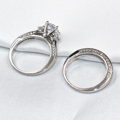 MABELLA Three Stone Silver Wedding Ring Set 2.3 Carats Round Cut Cubic Zirconia Gift for Women