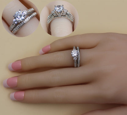 MABELLA Wedding Ring Sets Three Stone Women Silver Cz Ring Set and Men Stainless Steel Matching Band