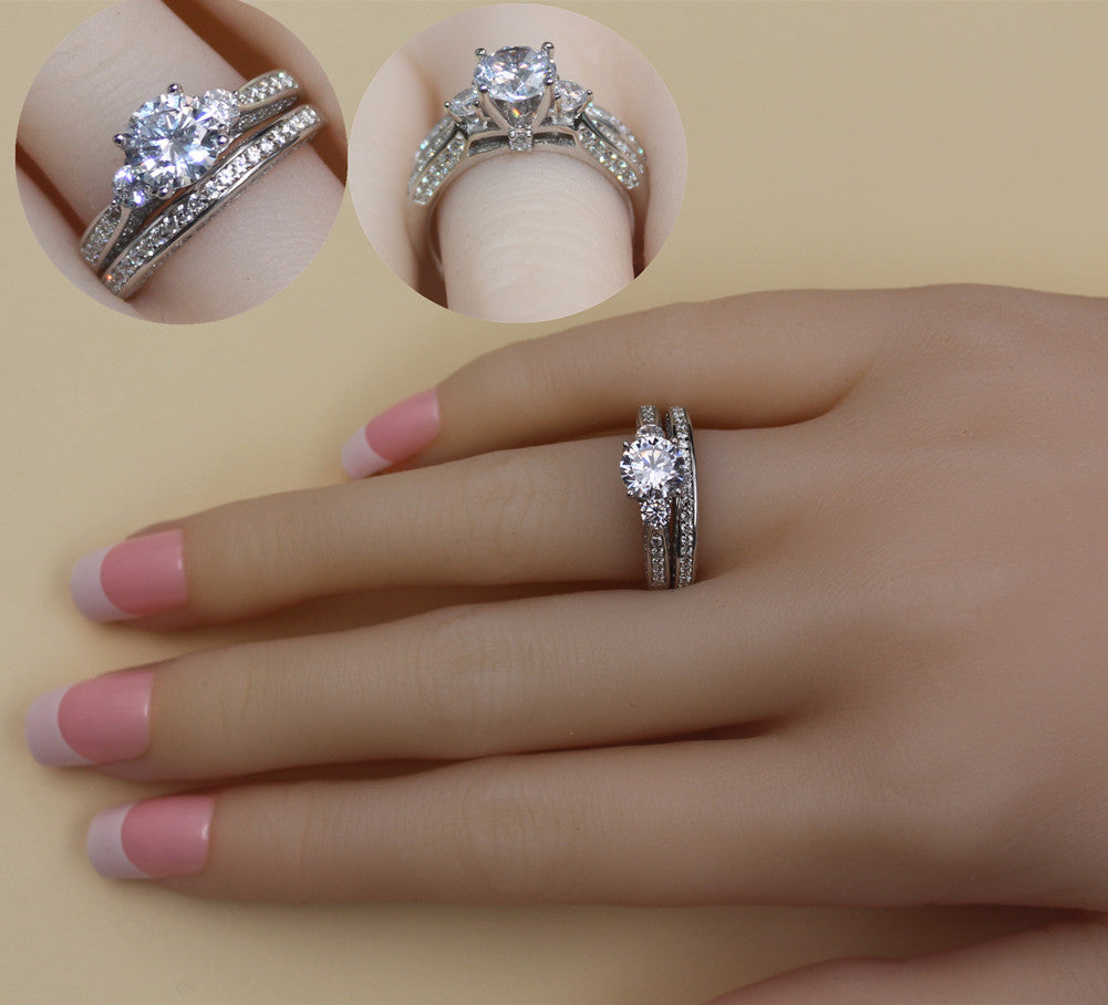 MABELLA Three Stone Silver Wedding Ring Set 2.3 Carats Round Cut Cubic Zirconia Gift for Women