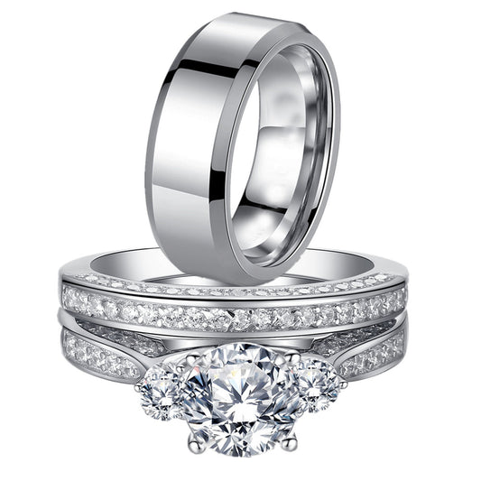 MABELLA Wedding Ring Sets Three Stone Women Silver Cz Ring Set and Men Stainless Steel Matching Band