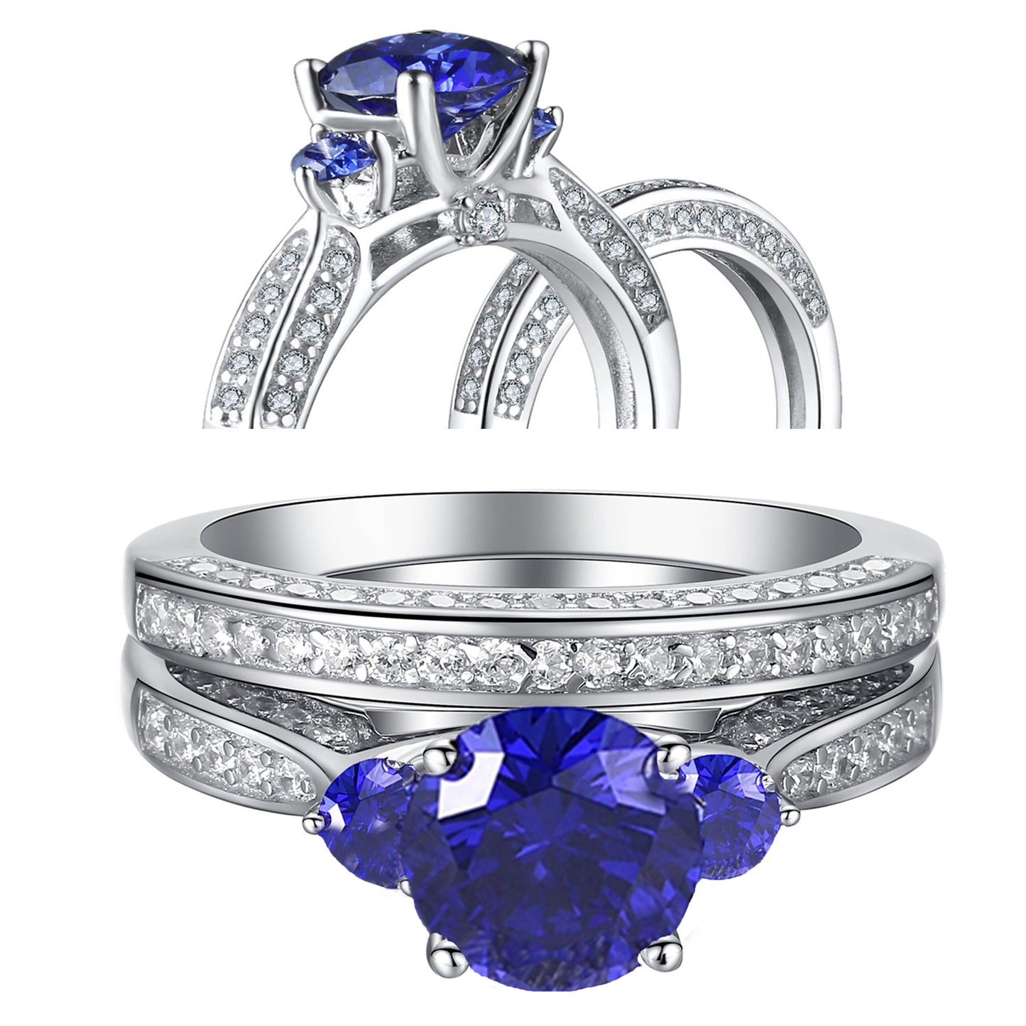MABELLA 2.3ct Round Cut White & Blue Cz 925 Sterling Silver Wedding Engagement Ring Set Size 5-10