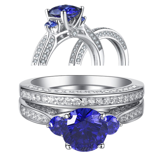 MABELLA 2.3ct Round Cut White & Blue Cz 925 Sterling Silver Wedding Engagement Ring Set Size 5-10