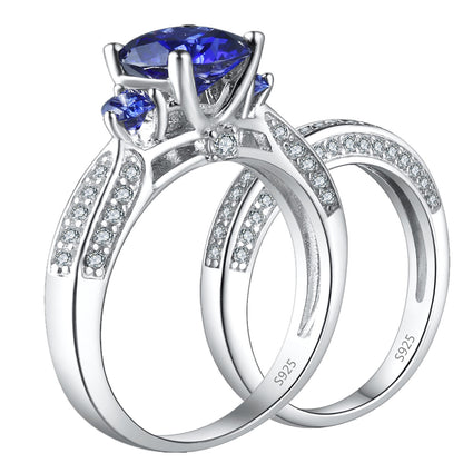 MABELLA 2.3ct Round Cut White & Blue Cz 925 Sterling Silver Wedding Engagement Ring Set Size 5-10
