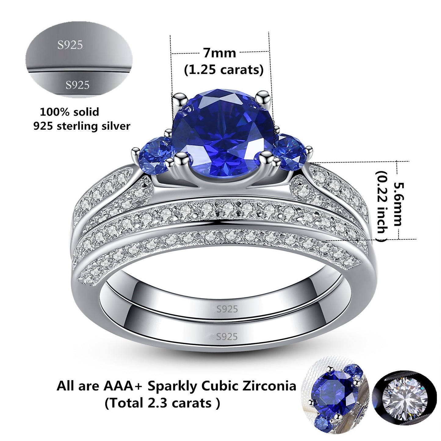 MABELLA 2.3ct Round Cut White & Blue Cz 925 Sterling Silver Wedding Engagement Ring Set Size 5-10