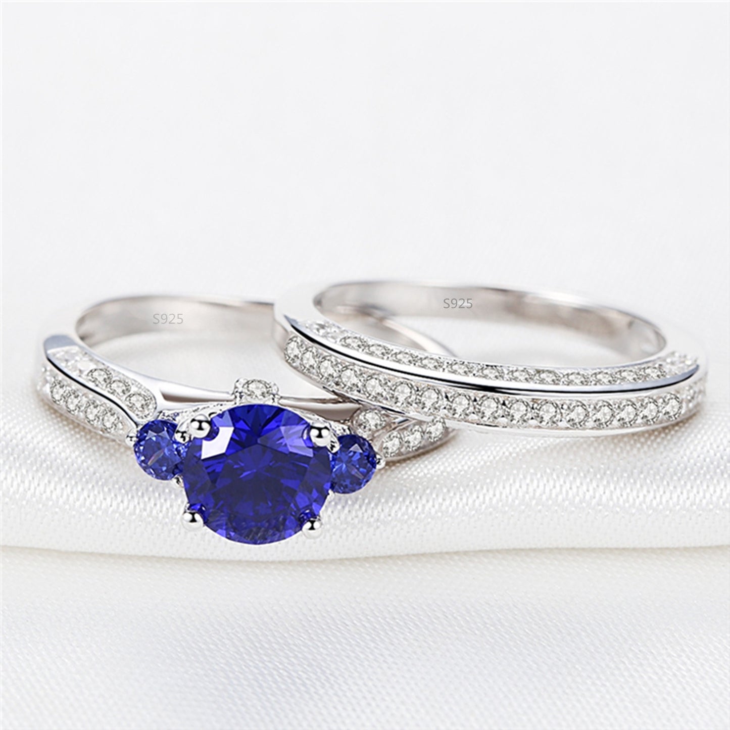 MABELLA 2.3ct Round Cut White & Blue Cz 925 Sterling Silver Wedding Engagement Ring Set Size 5-10