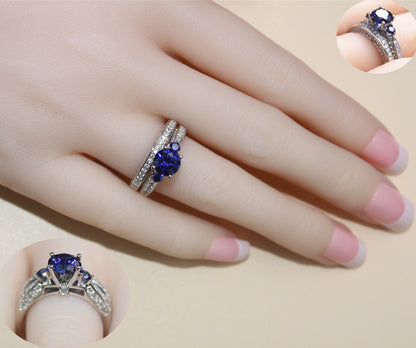MABELLA 2.3ct Round Cut White & Blue Cz 925 Sterling Silver Wedding Engagement Ring Set Size 5-10