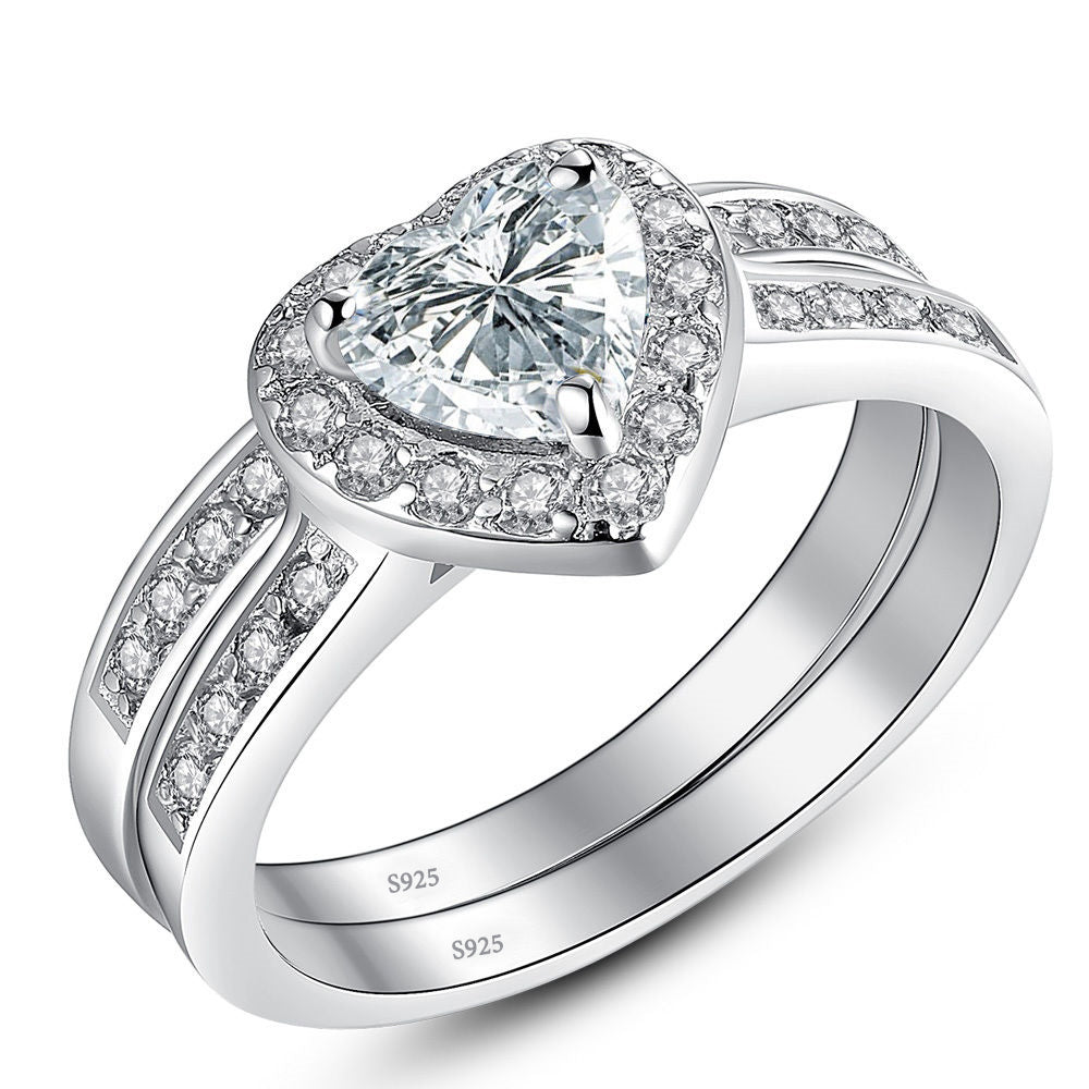 MABELLA Jewelry Halo Heart Shaped CZ Sterling Silver Wedding Band Engagement Ring Set For Women