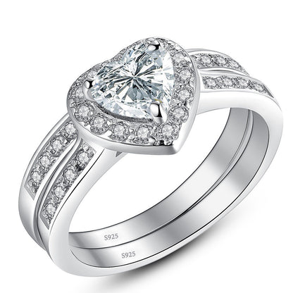 MABELLA Jewelry Halo Heart Shaped CZ Sterling Silver Wedding Band Engagement Ring Set For Women