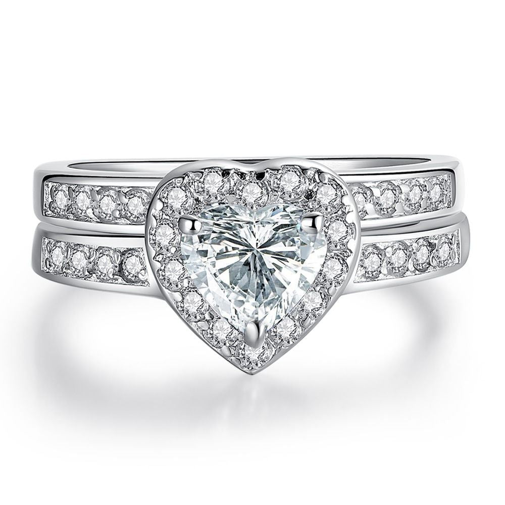 MABELLA Jewelry Halo Heart Shaped CZ Sterling Silver Wedding Band Engagement Ring Set For Women