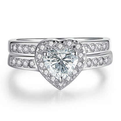 MABELLA Jewelry Halo Heart Shaped CZ Sterling Silver Wedding Band Engagement Ring Set For Women