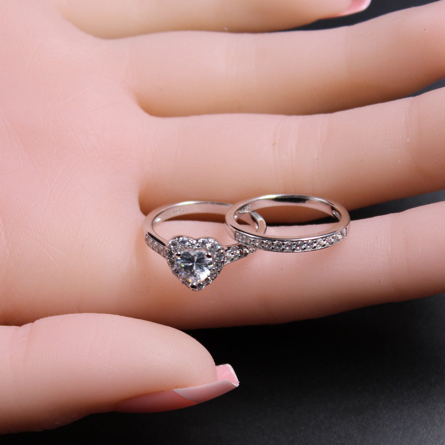 MABELLA Jewelry Halo Heart Shaped CZ Sterling Silver Wedding Band Engagement Ring Set For Women