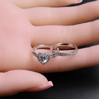 MABELLA Jewelry Halo Heart Shaped CZ Sterling Silver Wedding Band Engagement Ring Set For Women