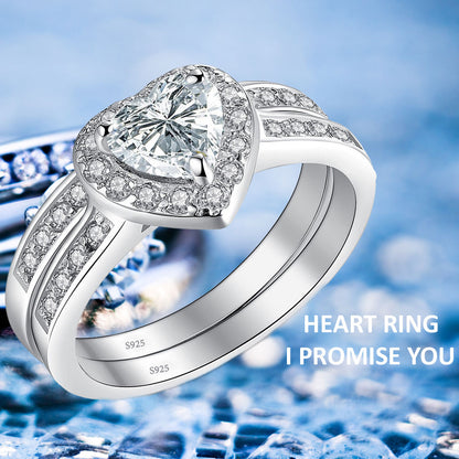 MABELLA Jewelry Halo Heart Shaped CZ Sterling Silver Wedding Band Engagement Ring Set For Women