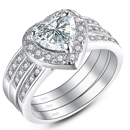 MABELLA 2.8 CTW Halo Heart Shaped CZ Sterling Silver Wedding Band Engagement Ring Set For Women