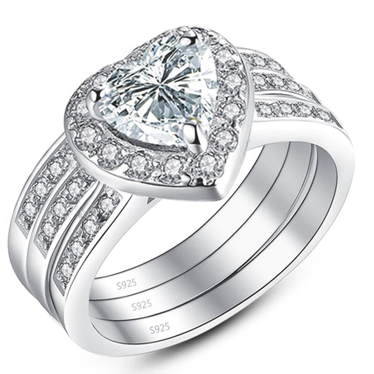 MABELLA 2.8 CTW Halo Heart Shaped CZ Sterling Silver Wedding Band Engagement Ring Set For Women