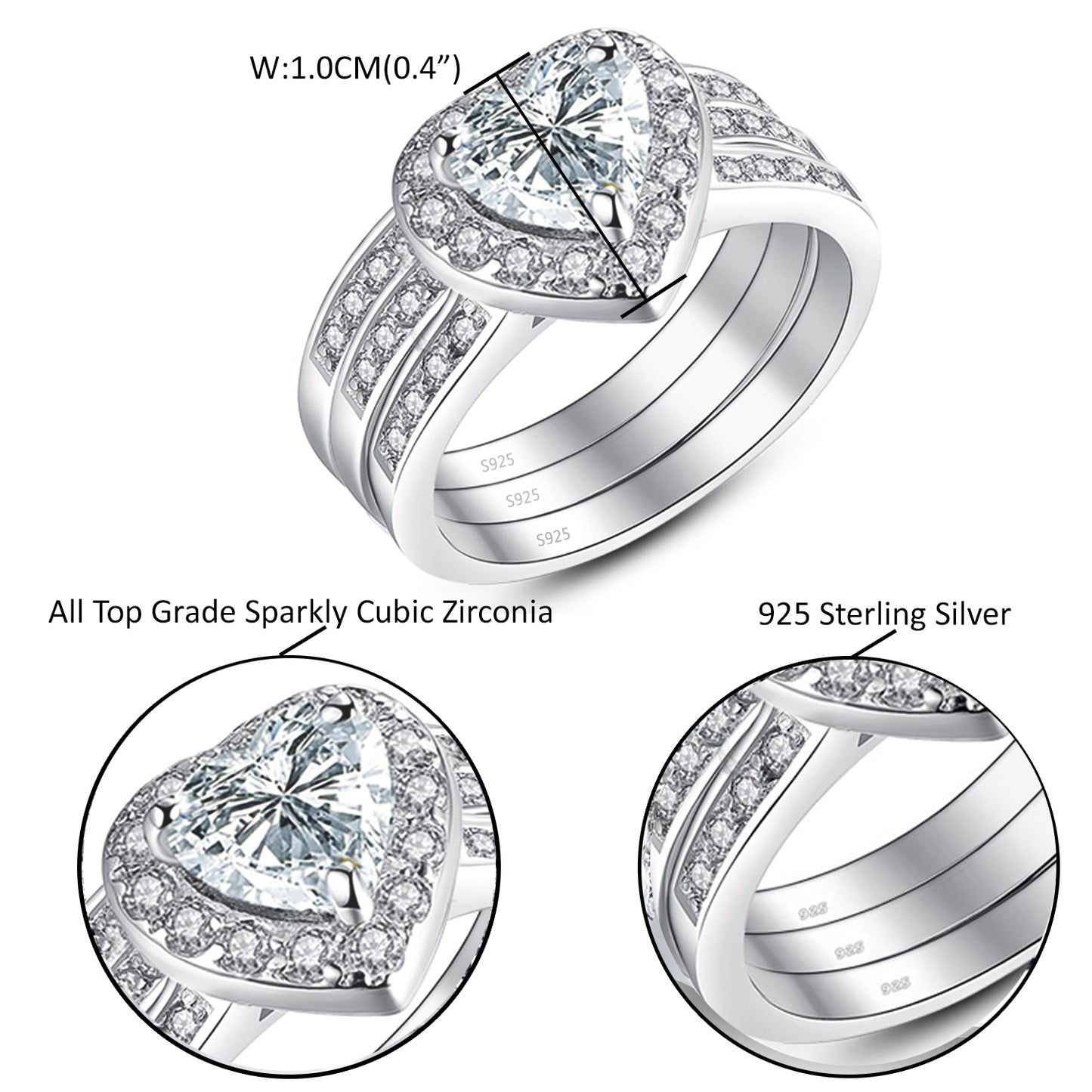 MABELLA 2.8 CTW Halo Heart Shaped CZ Sterling Silver Wedding Band Engagement Ring Set For Women