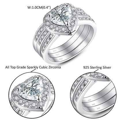 MABELLA 2.8 CTW Halo Heart Shaped CZ Sterling Silver Wedding Band Engagement Ring Set For Women