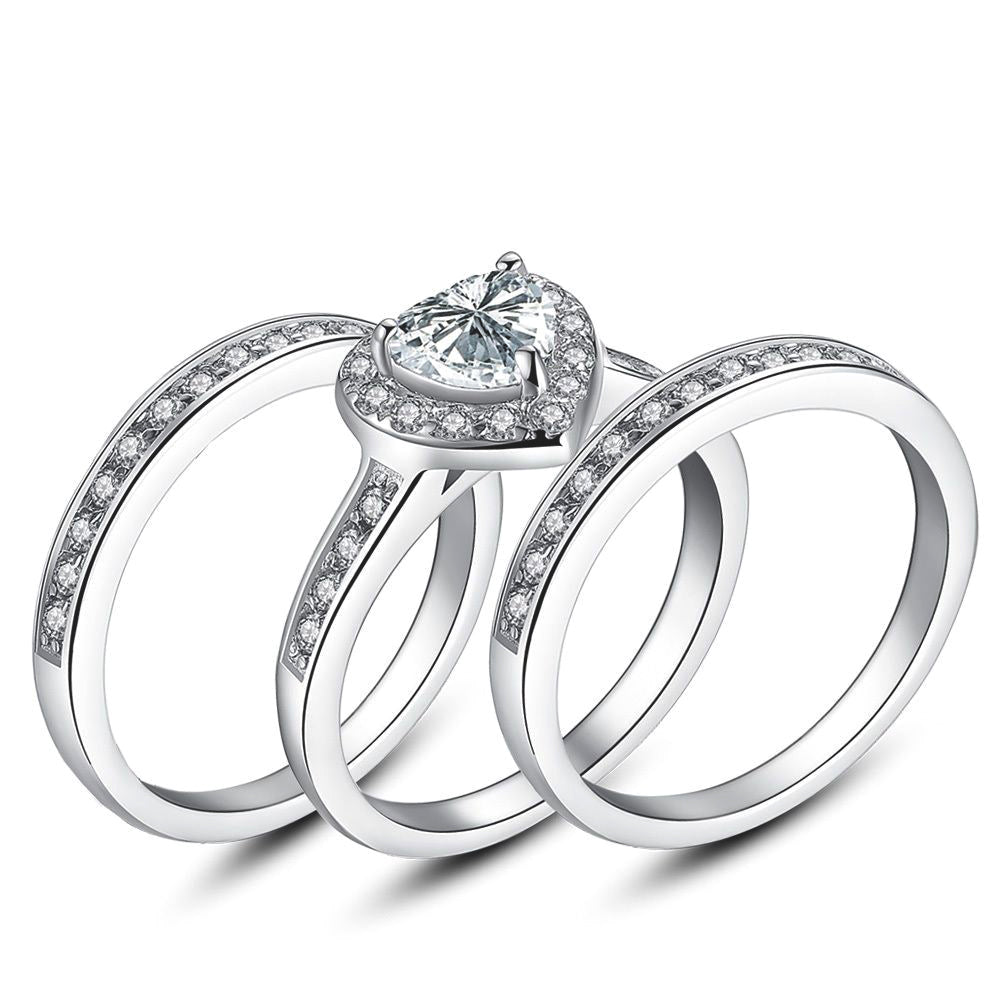 MABELLA 2.8 CTW Halo Heart Shaped CZ Sterling Silver Wedding Band Engagement Ring Set For Women