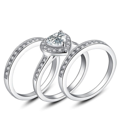 MABELLA 2.8 CTW Halo Heart Shaped CZ Sterling Silver Wedding Band Engagement Ring Set For Women