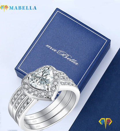 MABELLA 2.8 CTW Halo Heart Shaped CZ Sterling Silver Wedding Band Engagement Ring Set For Women