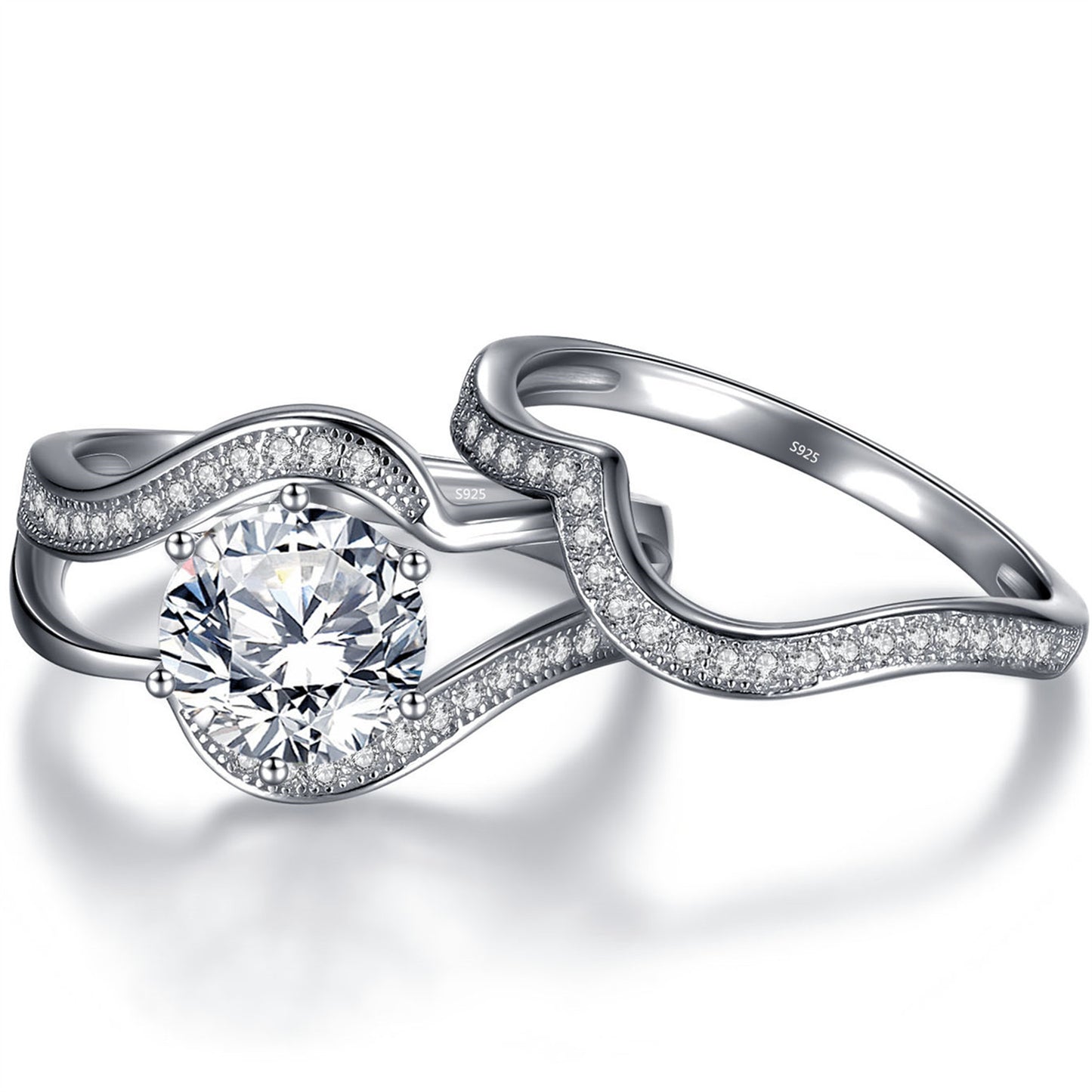 MABELLA Wedding Engagement Ring Set Solitaire Round Cubic Zirconia Sterling Silver Gifts for Women