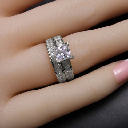 MABELLA Sterling Silver Princess Cut CZ Engagement Ring Wedding Band Set For Women