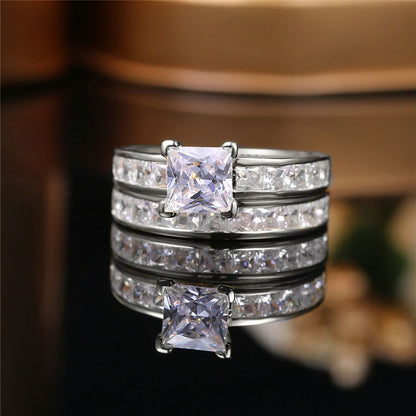 MABELLA Sterling Silver Princess Cut CZ Engagement Ring Wedding Band Set For Women