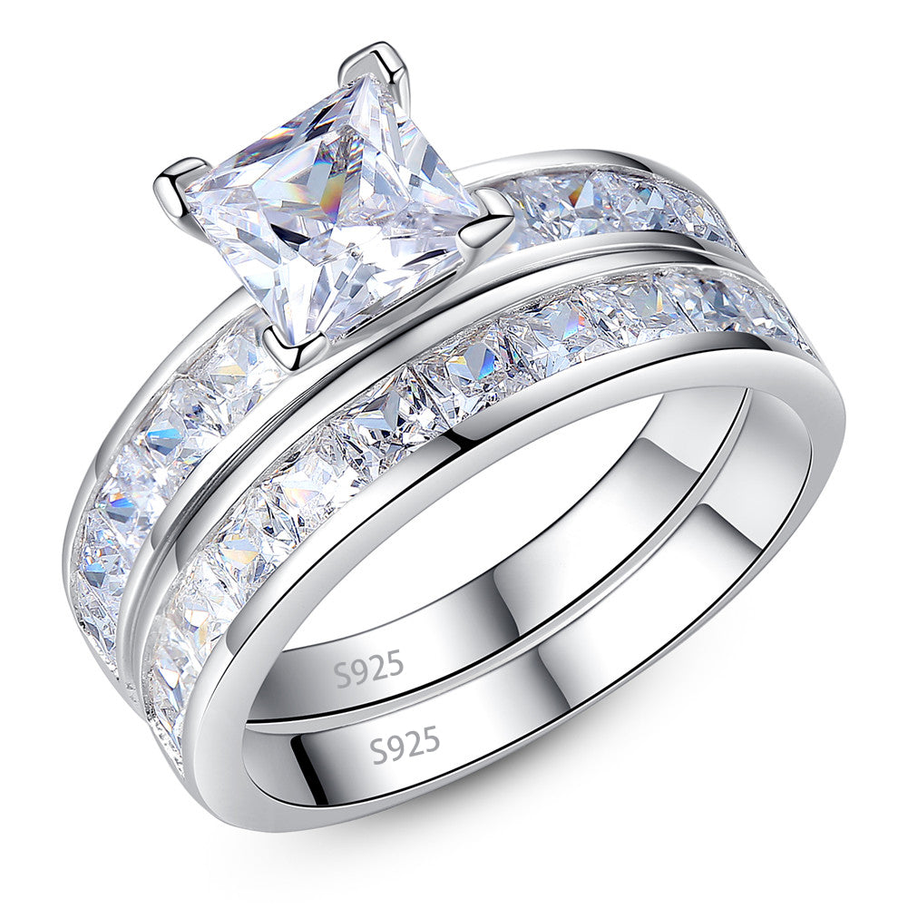 MABELLA Sterling Silver Princess Cut CZ Engagement Ring Wedding Band Set For Women