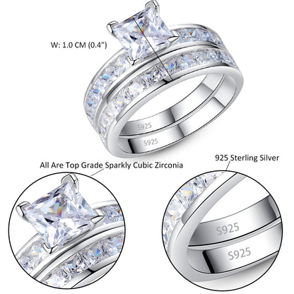 MABELLA Sterling Silver Princess Cut CZ Engagement Ring Wedding Band Set For Women