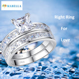 MABELLA Sterling Silver Princess Cut CZ Engagement Ring Wedding Band Set For Women