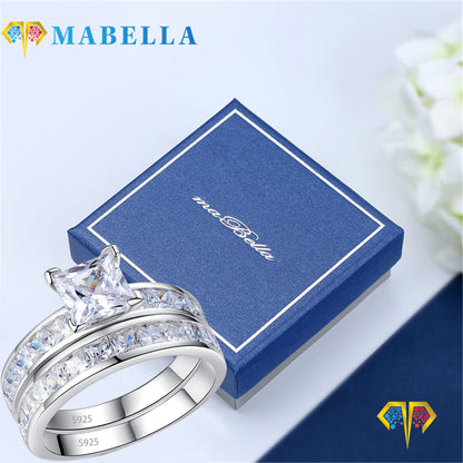 MABELLA Sterling Silver Princess Cut CZ Engagement Ring Wedding Band Set For Women