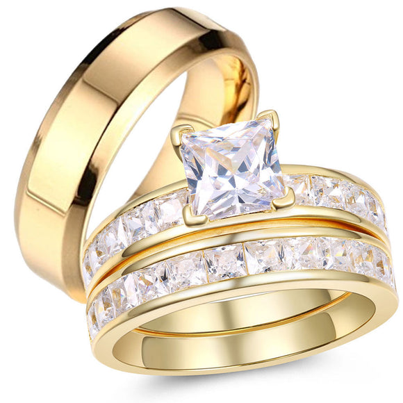 MABELLA Gold Plated Rings Women Wedding Sets Sterling Silver Princess CZ Men Stainless Steel Band