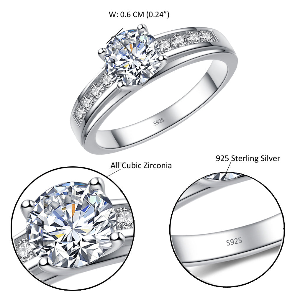 MABELLA Solid 925 Sterling Silver Solitaire Round CZ Cubic Zirconia Engagement Ring for Women