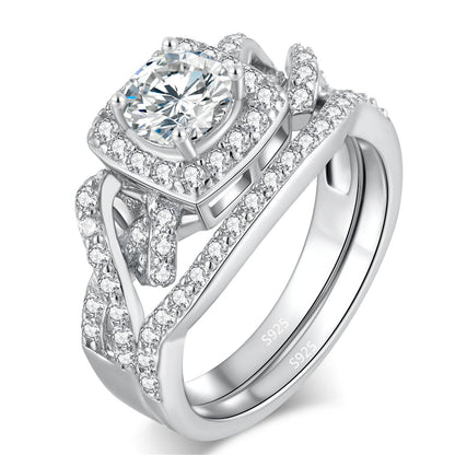 Infinity Halo Round CZ Wedding Ring Set in 925 Sterling Silver