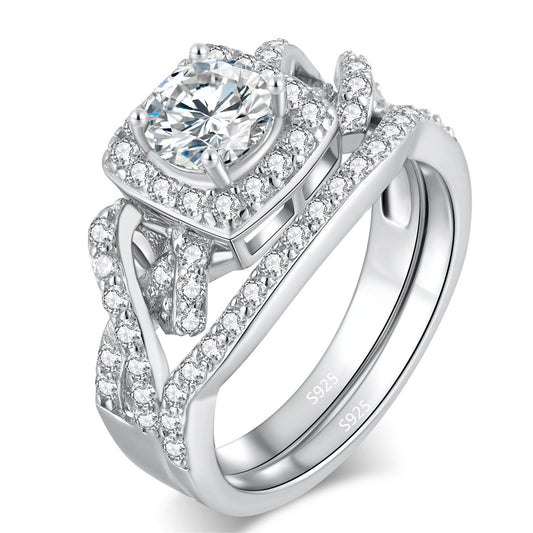 Infinity Halo Round CZ Wedding Ring Set in 925 Sterling Silver