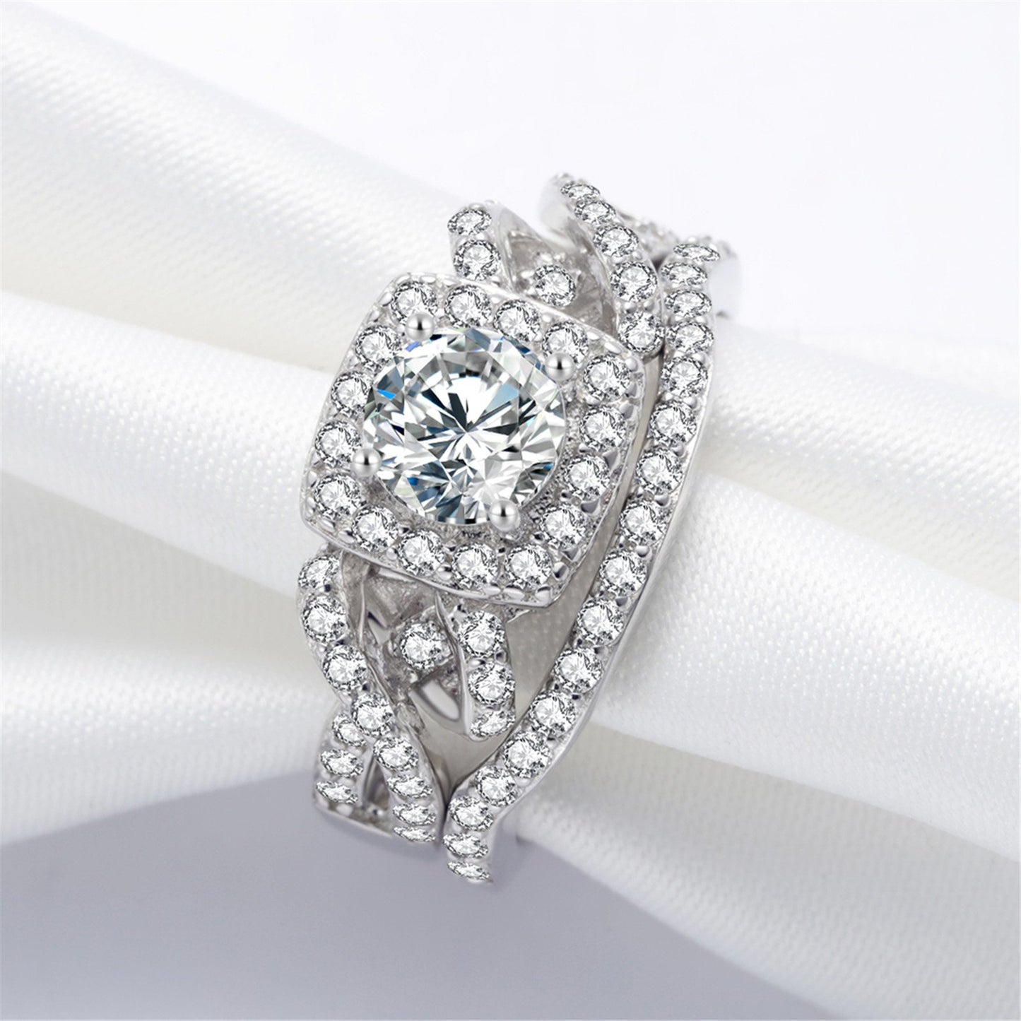 Infinity Halo Round CZ Wedding Ring Set in 925 Sterling Silver