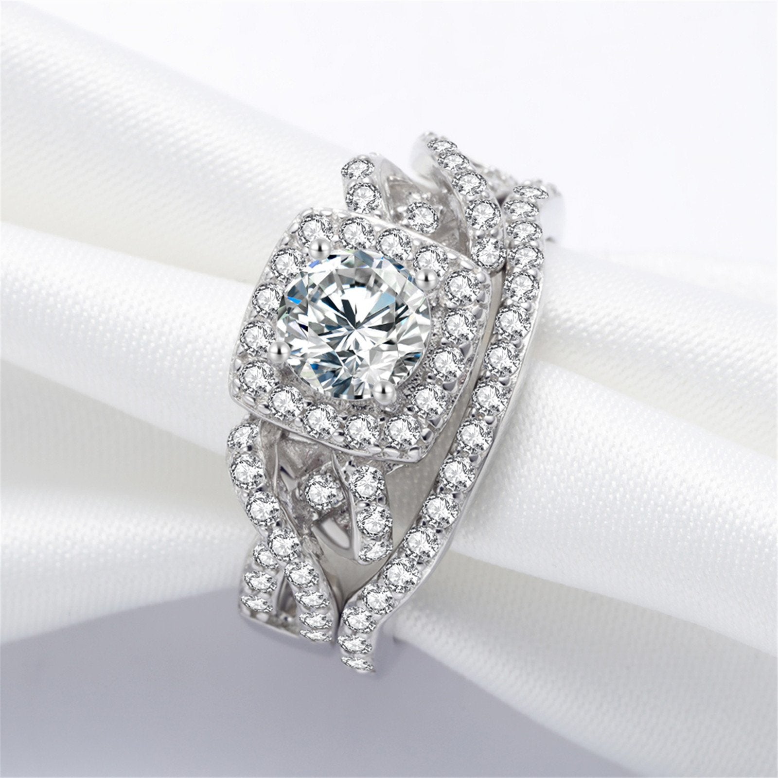 MABELLA 925 Sterling Silver AAA+ Cubic Zirconia Round Cut Solitaire CZ  Classic Wedding Engagement Bridal Rings Set for Women ,Size 5, image size:1600x1600