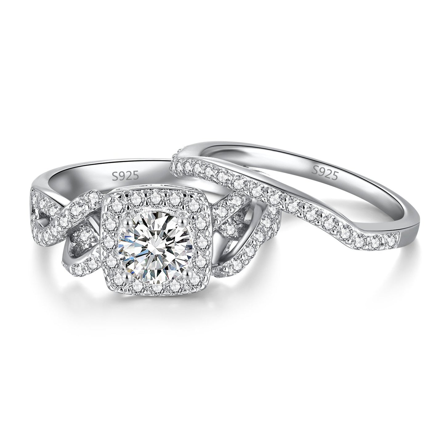 Infinity Halo Round CZ Wedding Ring Set in 925 Sterling Silver