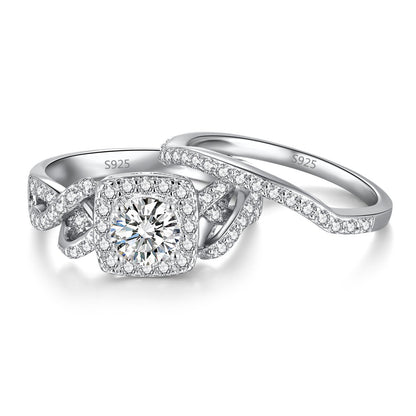 Infinity Halo Round CZ Wedding Ring Set in 925 Sterling Silver