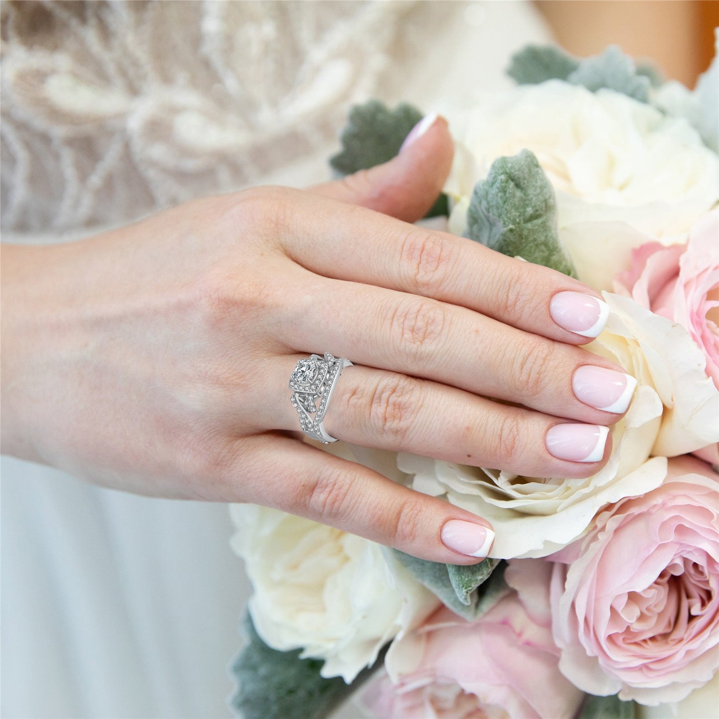 Infinity Halo Round CZ Wedding Ring Set in 925 Sterling Silver